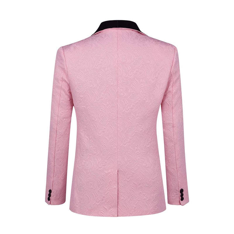 YFFUSHI Men's 3 Piece Suit Slim Fit Jacquard Tuxedo One Button Shawl Collar Jacket Vest Trousers Pink - Image 2